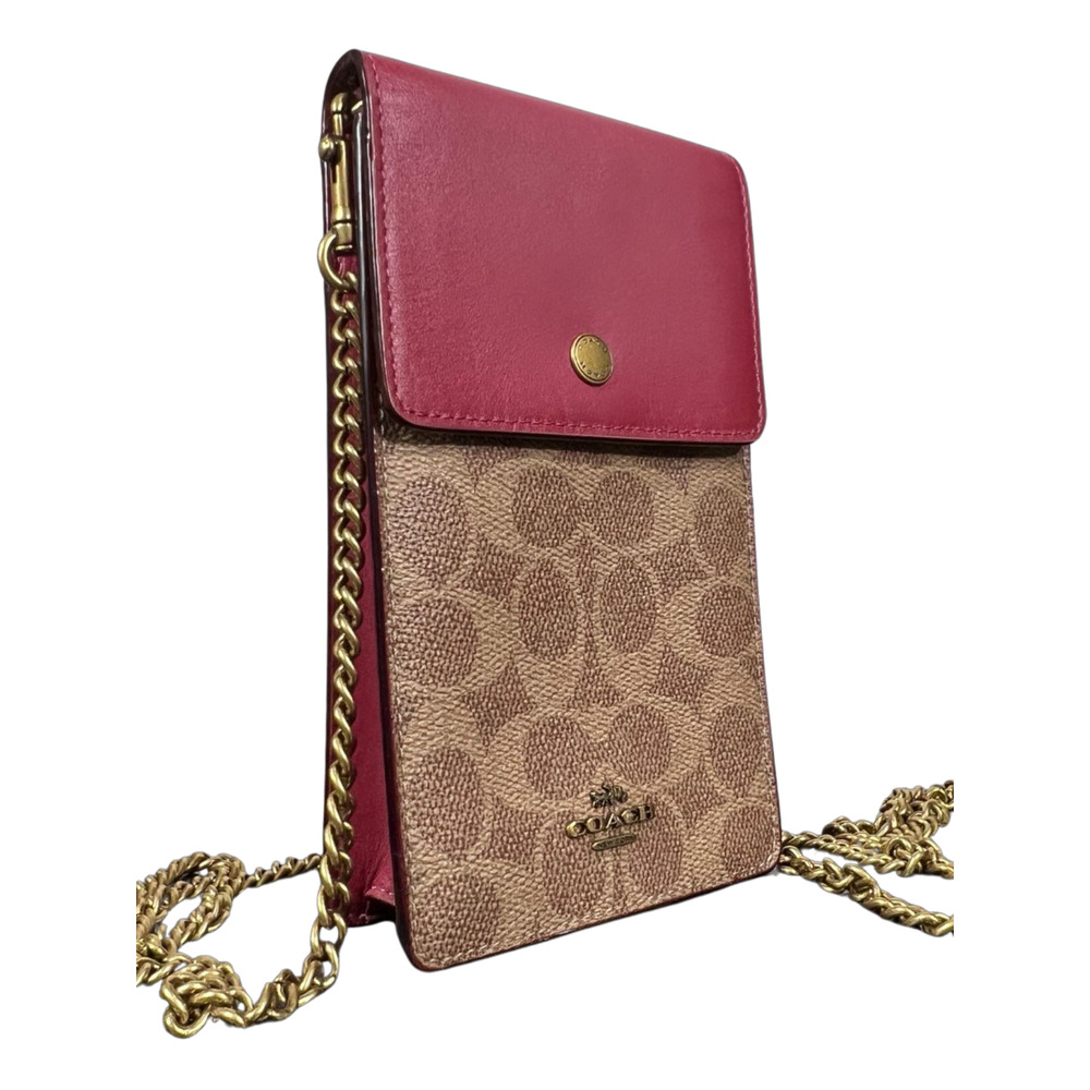 Coach Snap Phone Crossbody Signature Coated Canvas Leather 76357 Red Chain Strap - Picture 3 of 12